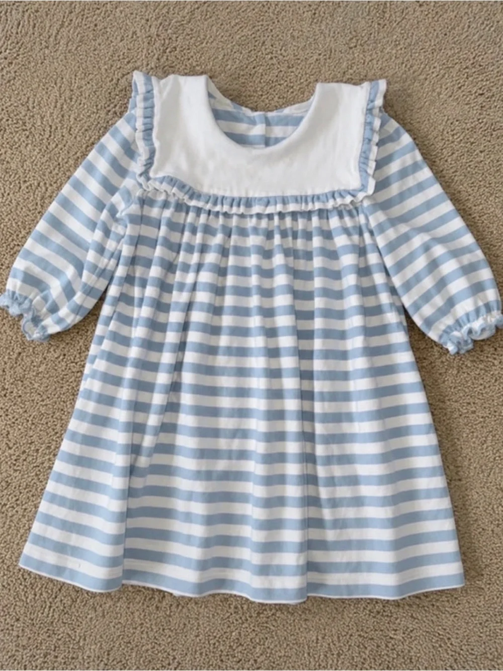 Stitchy Fish Classic Blue & White Striped Girls' Dress with Ruffled Yoke